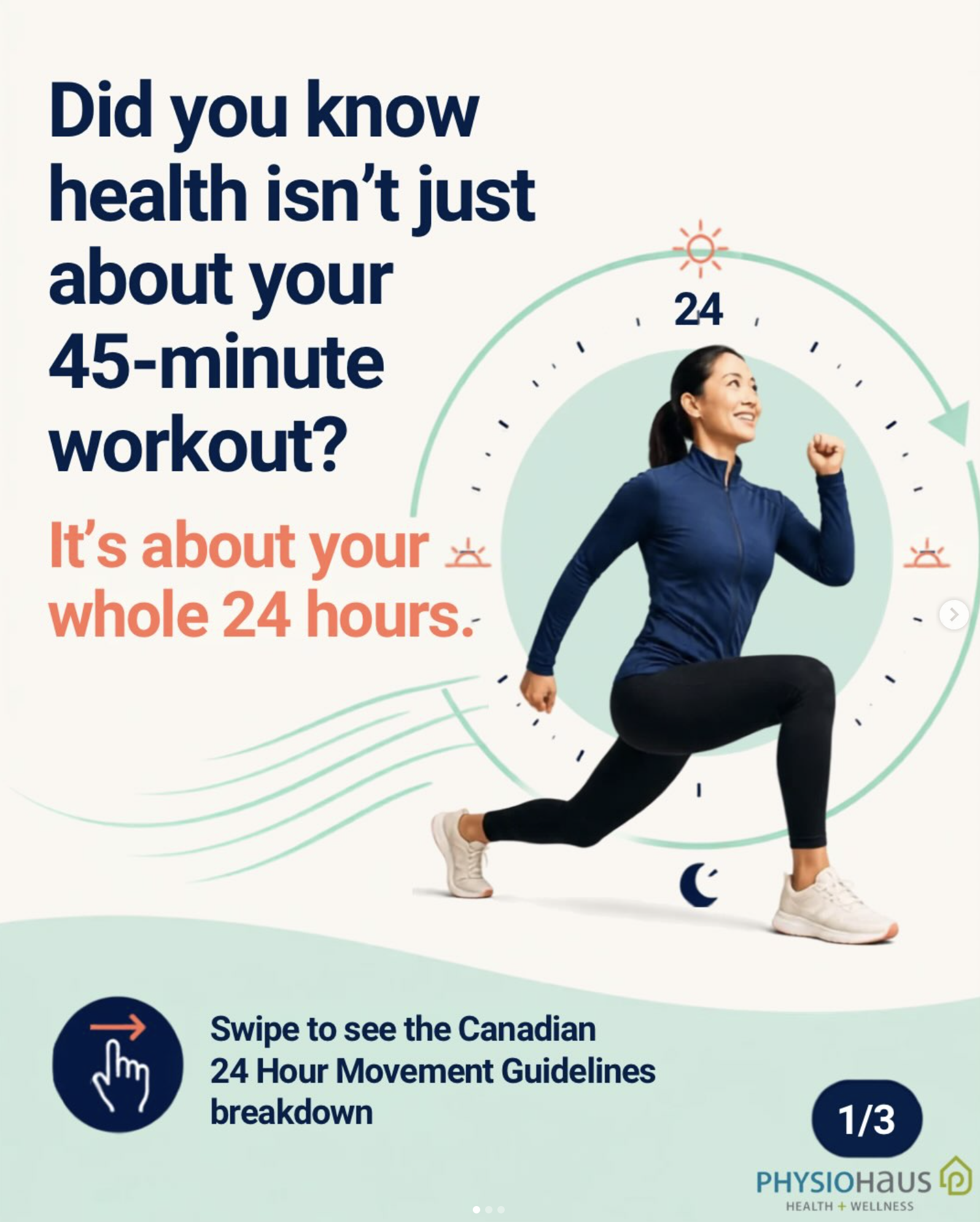 Woman exercising aside, a 24 hour clock promoting the Canadian 24 hour movement guidelines